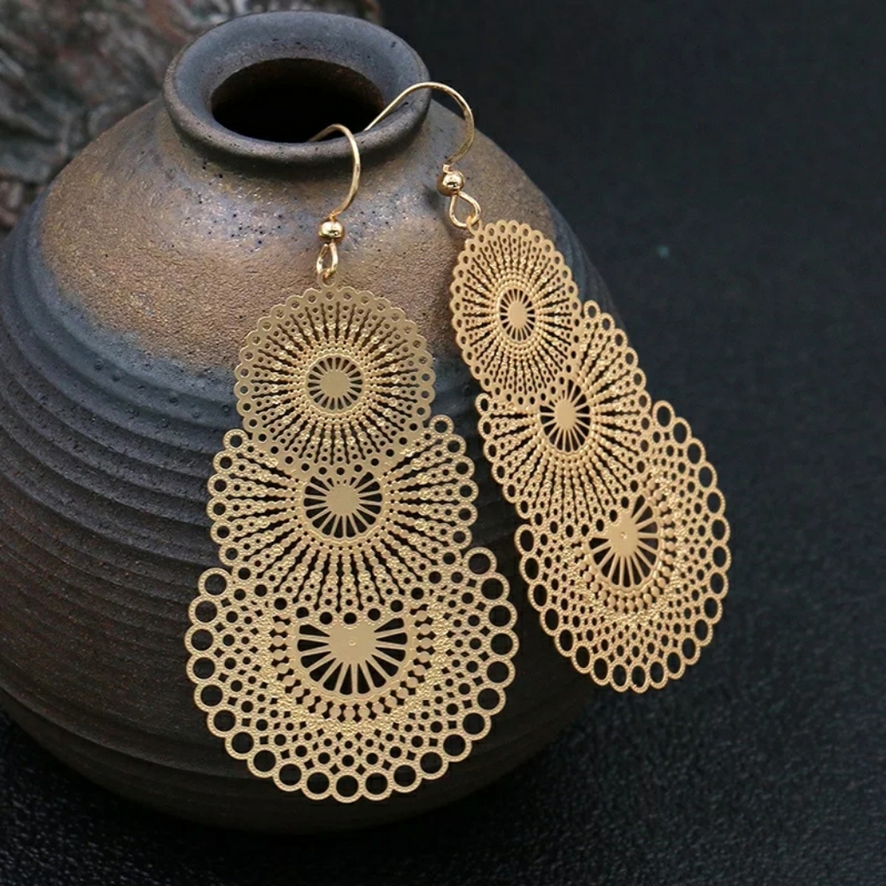 3 Pair Set Filigree Leaf Waterdrop Dangle Earring - Picture 6 of 16
